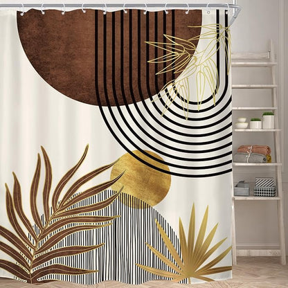 Mid Century Brown Boho Abstract Modern Beige Bathroom Shower Curtain Set | 72Wx84H Gold Geometric design, waterproof HD print with fast-drying fabric and 12 hooks.