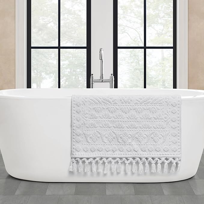 French Connection Nellore Bath Rugs, Woven and Beaded Bath Mats, Durable and Thick Bath Mats for Bathroom and Shower Rugs, 26" x 49", White