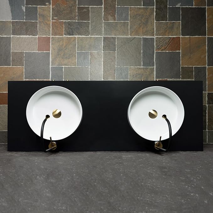 Woodbridge 60"X22" Bathroom Vanity with Double Ceramic Round Vessel Sinks,Black Engineered Stone Vanity Top– Hand-Painted Black & Gold Accents, Sleek Thin-Leg Frame, Space-Saving for Modern Living