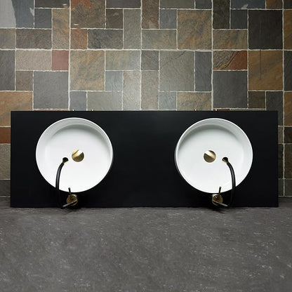 Woodbridge 60"X22" Bathroom Vanity with Double Ceramic Round Vessel Sinks,Black Engineered Stone Vanity Top– Hand-Painted Black & Gold Accents, Sleek Thin-Leg Frame, Space-Saving for Modern Living