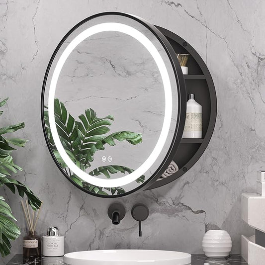Keonjinn Round LED Medicine Cabinet 24 Inch, Black Lighted Medicine Cabinet for Bathroom with Mirror, Circle, Electrical Outlet, 3 Color Lights, Anti-Fog, Dimmable, Surface Mount Only