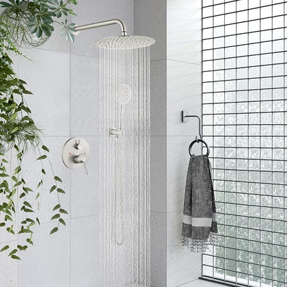 gotonovo High Pressure Shower System Valve and Trim Kit,Brushed Nickel | Round Rain 10 Inch Shower Head with Handheld Faucet Set Complete,Rough In Valve,2-in-1 Diverter,All Metal,Bathroom Wall Mount