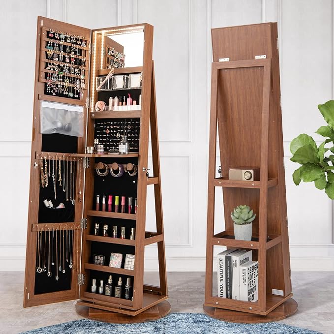 MAT EXPERT 360° Rotating Jewelry Armoire, Lockable Freestanding Jewelry Organizer w/Full-length Mirror, 3-Color LED Lights, Rear Storage Shelves, Mirror Jewelry Cabinet for Bedroom (Walnut)