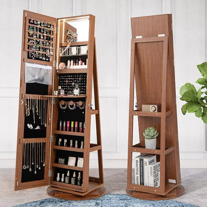 GOFLAME 360° Rotating Jewelry Cabinet with Full-Length Mirror, Freestanding Jewelry Armoire with 3-Color LED Light and Back Storage Shelf, Lockable Jewelry Organizer for Bedroom Cloakroom, Walnut