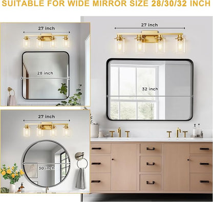 L LOHAS LED 4-Light Bathroom Vanity Light, Gold | Clear Glass Shades; Modern Bathroom Light Fixture for Bathrooms, Bedrooms and Hallways