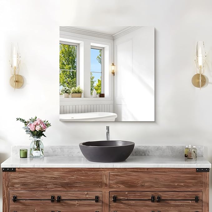 KOCUUY Frameless Mirror, 24"x24" Bathroom Mirror for Over Sink, Upgraded Shatterproof, Large Rectangle Unframed Mirror for Wall, Bathroom, Bedroom, Living Room, Entryway, Hang Horizontal/Vertical