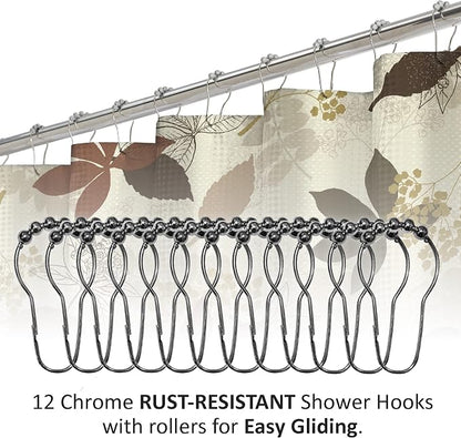 15-Piece Bathroom Shower Curtain Set – Set of 1 Shower Curtain & 12 Metal Hooks & 1 Bath Mat & 1 Contour Mat, Modern Bathroom Décor, Machine Washable, Blowing Leaves Chocolate
