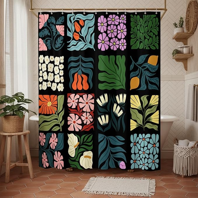 JAWO Retro Shower Curtain Vintage Abstract Boho Floral Shower Curtains for Bathroom Decor Black Blue Botanical Geometric Groovy Aesthetic Pattern Shower Curtain Sets with Hooks, 60X70IN