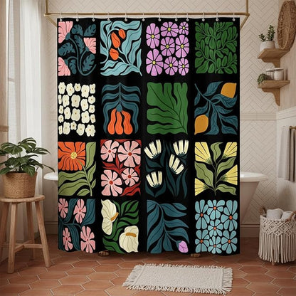 JAWO Retro Shower Curtain Vintage Abstract Boho Floral Shower Curtains for Bathroom Decor Black Blue Botanical Geometric Groovy Aesthetic Pattern Shower Curtain Sets with Hooks, 60X70IN