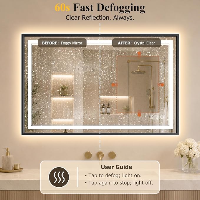 30"x40" LED Bathroom Mirror with Lights, Backlit + Front Lit, Anti-Fog | Lighted Bathroom Mirror with One-Piece Aluminum Alloy Frame, HD Shatterproof Tempered Glass, Dimmable, Memory Function