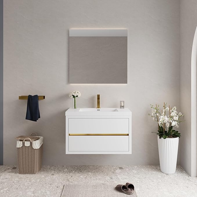 Abruzzo 36" Glossy White Wall-Mounted Bathroom Vanity with Sink – Stone Resin Countertop & Soft-Close Drawers, Waterproof Wood Cabinet for Small Bathrooms