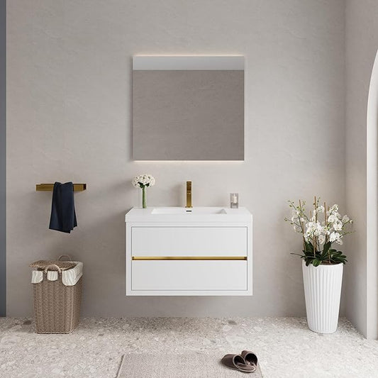 Abruzzo 36" Glossy White Wall-Mounted Bathroom Vanity with Sink – Stone Resin Countertop & Soft-Close Drawers, Waterproof Wood Cabinet for Small Bathrooms