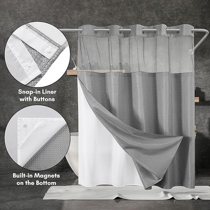 Americanflat 72x75 Hookless Waffle Pattern Shower Curtain - Water-Resistant Long Shower Curtain with Sheer Panel, Snap-in Liner, and Durable Grommets - 100% Polyester - Light Grey