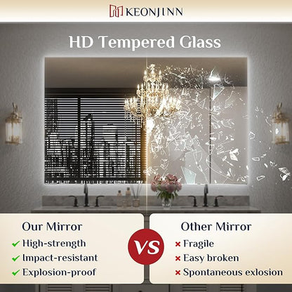 Keonjinn 60" x 36" LED Backlit Mirror Bathroom, Safe HD Tempered Glass | 3000K/4500K/6000K, Dimmable, Auto-OFF Defogging, Secure French Cleat Installation, Oversized Lighted Bathroom Mirror for Wall