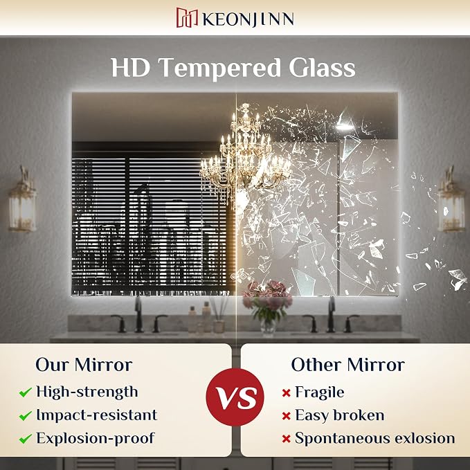 Keonjinn Backlit Mirror Bathroom 24x32 Inch, Tempered Glass, 3 Color Lights | Safe Defogging, High Lumen, Dimmable, French Cleat, Hardwired/Plug in, Smart LED Mirror for Bathroom, Salon, Powder Room
