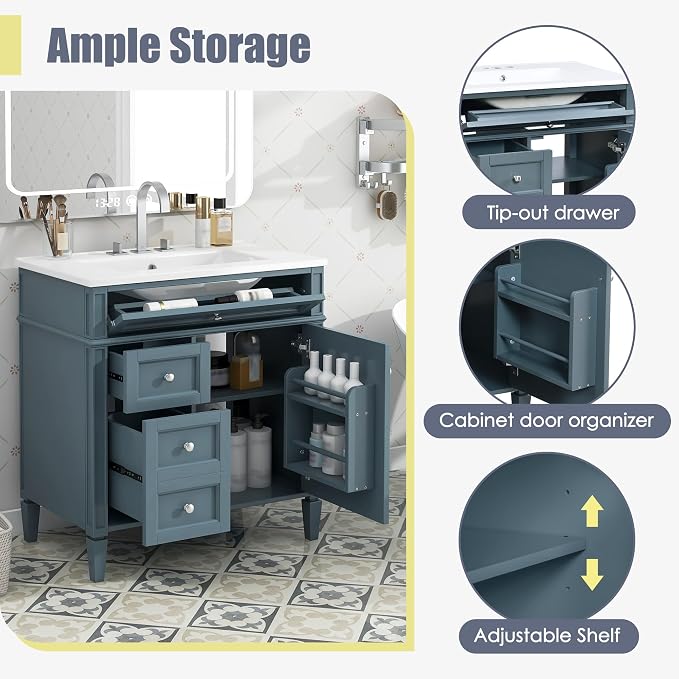 Merax 30 Inch Bathroom Vanity with Ceramic Sink, Solid Wood Frame Modern Bathroom Sink Storage Cabinet with 2 Drawers and a Tip-Out Drawer, Single Sink Bathroom Vanities, Indigo