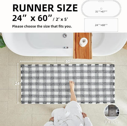 TYUU Waffle Runner Rug Bathroom, Long Boho Bath Mat, 60x24 Black & White | Super Absorbent Quick Dry Bath Rug, Non-Slip Backing, Soft Waffle Washable Farmhouse Bathroom Mats, Tub, Shower & Home Decor