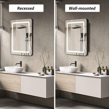 APRILSOUL 24x30 Inch Lighted Bathroom Medicine Cabinet with Mirror, Black Recessed or Surface Mount Medicine Cabinet Mirror with Storage and LED Lights, 3 Colors Temperature, Dimmable Light