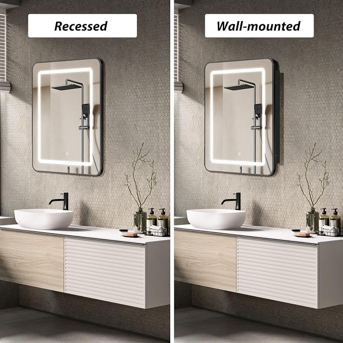 APRILSOUL 20x30 Inch Lighted Bathroom Medicine Cabinet with Mirror, Black Recessed or Surface Mount Medicine Cabinet Mirror with Storage and LED Lights, 3 Colors Temperature, Dimmable Light