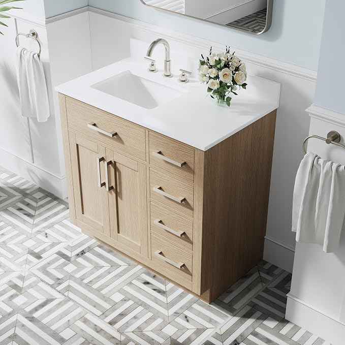 36-Inch Bathroom Vanity with Sink W/ 2 Doors & 4 Drawers & 1 Flip Drawer, Oak Vanity W/Brushed Nickel Handles