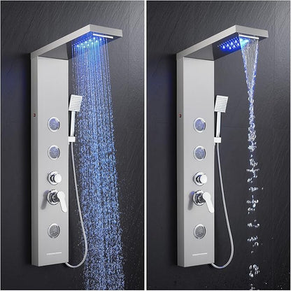 5 in 1 Shower Panel Tower System with LED Lights, Rainfall and Waterfall Shower Head, 3 Pcs Adjustable Body Jets, Handheld Shower, Tub Spout (Brushed Nickel)