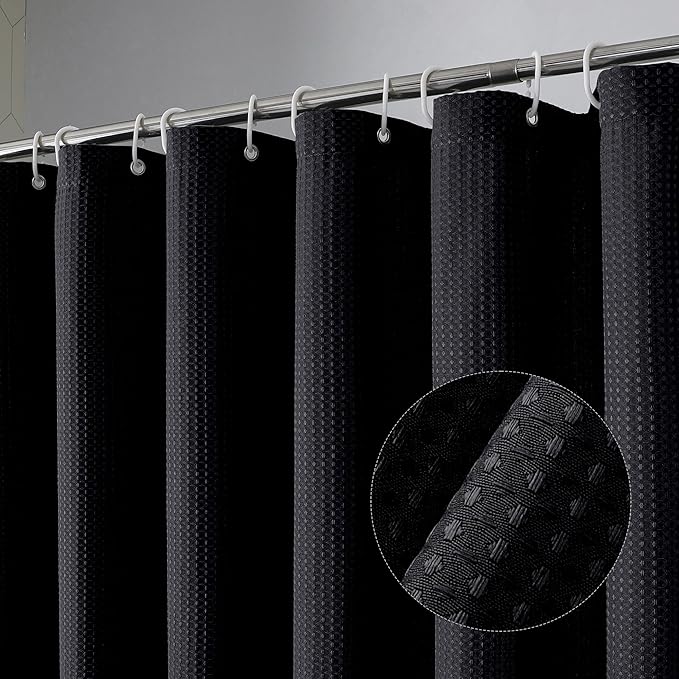 OVZME Stall Fabric Shower Curtain Set - 36x72, Waffle Weave 230GSM Heavy Duty Small Stall Shower Curtains for Narrow Stall Size, Machine Washable Bath Curtain with 12 Plastic Hooks, 36x72 Inch, Black