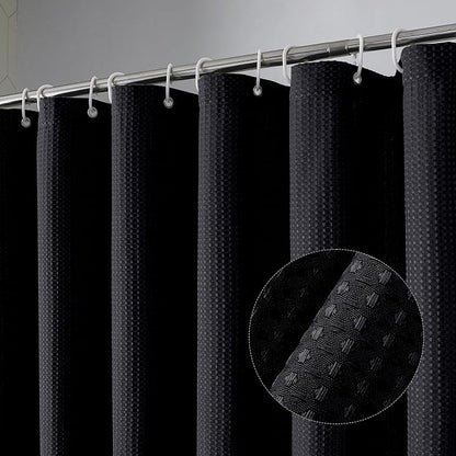 Extra Long Shower Curtain Set- 96 Inch Long Waffle Weave Heavy Duty Fabric Shower Curtains for Bathroom, Luxury Heavy Duty Thick Cloth Shower Curtain with 12 Plastic Hooks, 72x96, Black