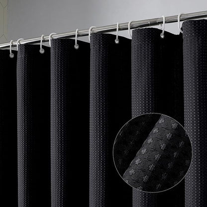 OVZME Extra Long Shower Curtain Set- 96 Inch Long Waffle Weave Heavy Duty Fabric Shower Curtains for Bathroom, Luxury Heavy Duty Thick Cloth Shower Curtain with 12 Plastic Hooks, 72x96, Black