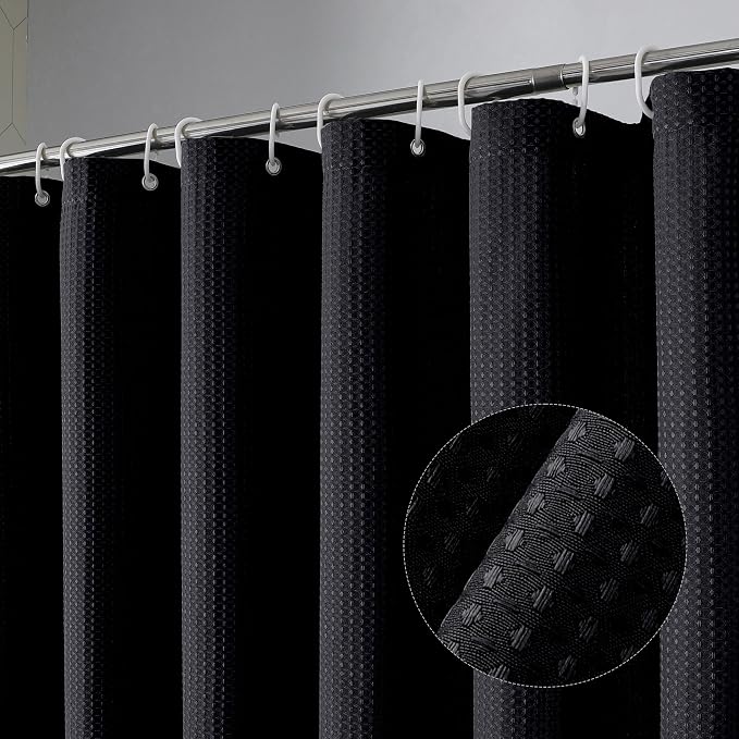 Long Fabric Shower Curtain Set, Waffle Textured Shower Curtain for Bathroom - Weight 230GSM Heavy Duty Hotel Spa Luxury Bath Curtain Set with 12 Plastic Hooks, 72x78, Black