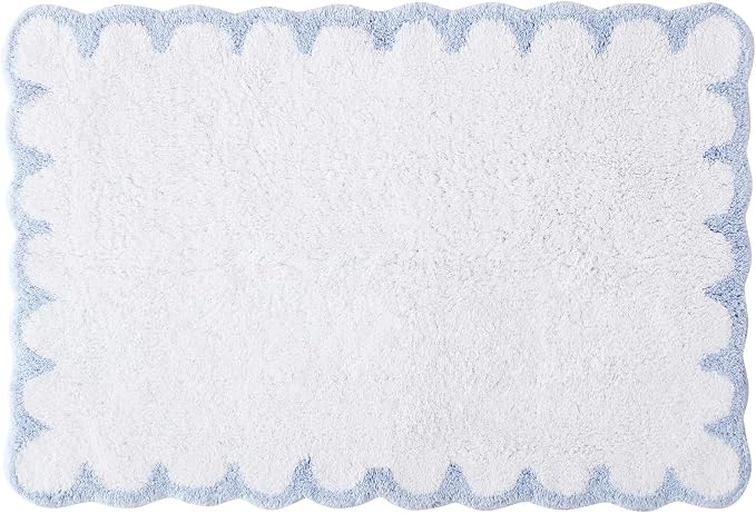 Peri Home Scalloped Bath Rug 20" x 30" White with Blue 1-Piece | Soft & Absorbent, Cotton Tufted, Mat, Scallop