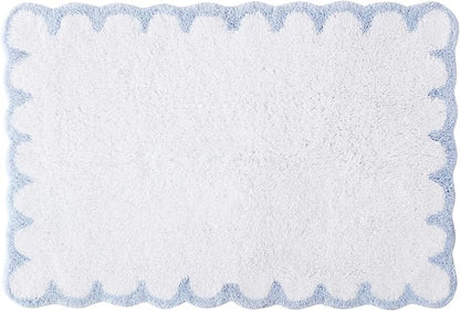 Peri Home Scalloped Bath Rug 20" x 30" White with Blue 1-Piece | Soft & Absorbent, Cotton Tufted, Mat, Scallop