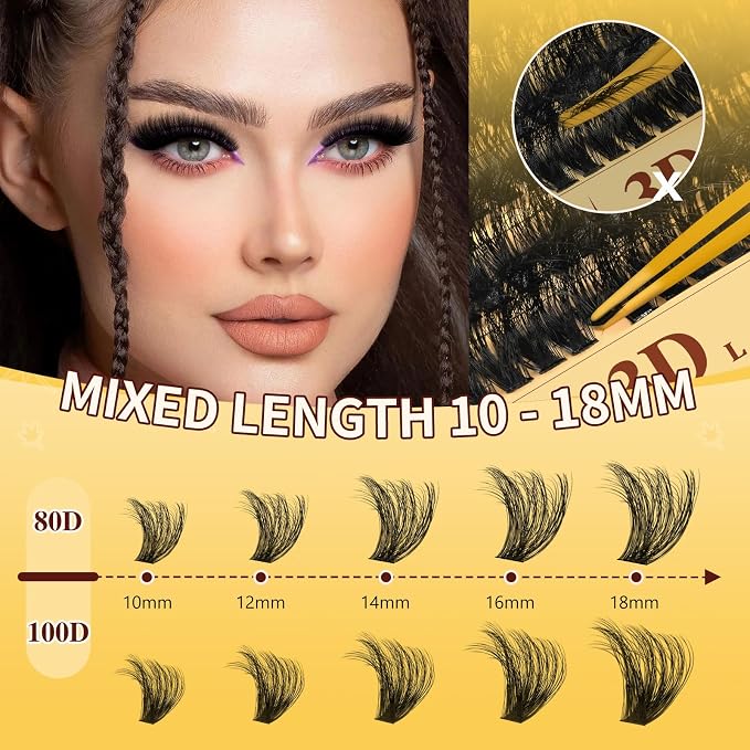 QUEWEL Lash Clusters Kit, 280Pcs 80D+100D Lash Cluster Eyelash Extensions | 10-18mm Lash Clusters Kit with Lash Bond and Seal and Lashes Tweezers Easy DIY at Home (80+100D 3D Kit)