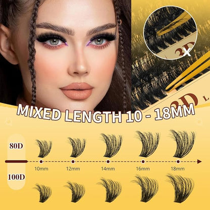 QUEWEL Lash Clusters Kit, 280Pcs 80D+100D Lash Cluster Eyelash Extensions | 10-18mm Lash Clusters Kit with Lash Bond and Seal and Lashes Tweezers Easy DIY at Home (80+100D 3D Kit)