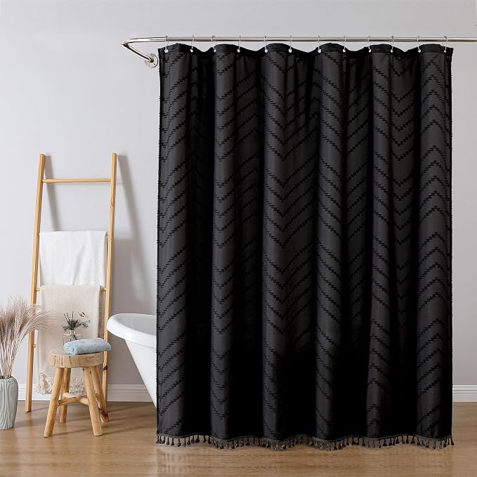 Black Fabric Shower Curtain, Boho Shower Curtains for Bathroom Chic Tufted Chevron Striped Textured with Tassel, Soft Hotel Style Farmhouse, Machine Washable, 72x78, Black