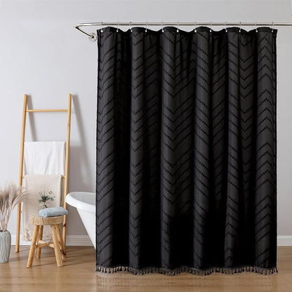 Black Fabric Shower Curtain, Boho Shower Curtains for Bathroom Chic Tufted Chevron Striped Textured with Tassel, Soft Hotel Style Farmhouse, Machine Washable, 72x78, Black