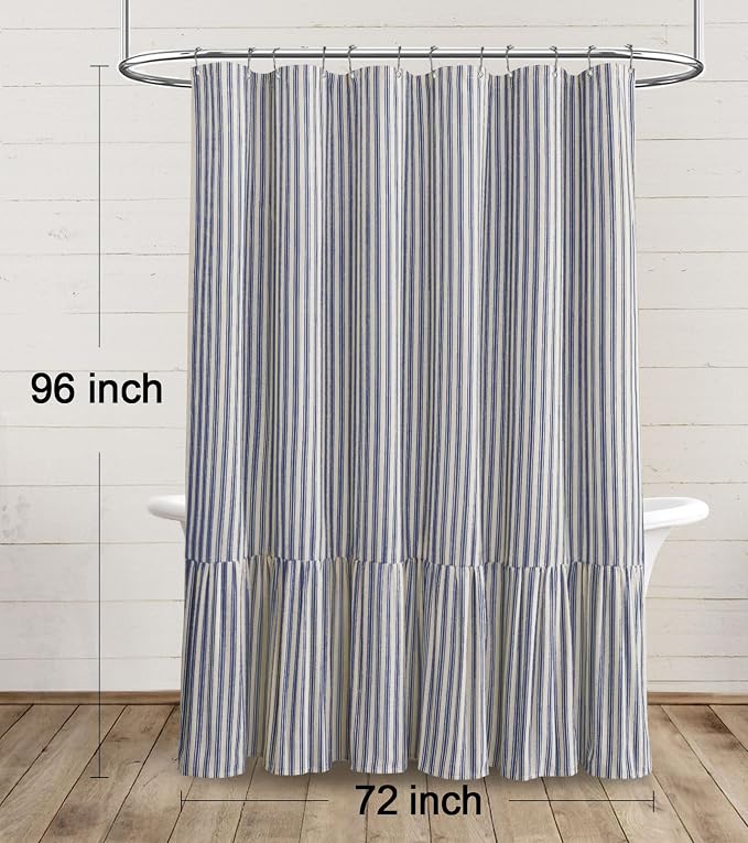 Farmhouse Shower Curtain Ruffle Linen Cream-Blue Stripe 72"W x 96"L | Farmhouse Boho, Striped, Bottom Ruffle, Linen Fabric, Rustic, Country, Natural Look, Washable, for Bathroom Bathtub