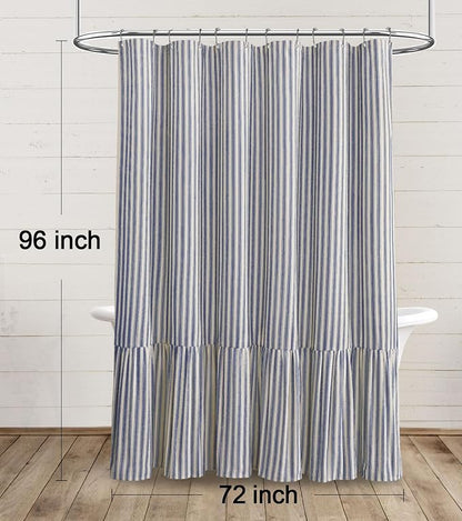 Farmhouse Shower Curtain Ruffle Linen Cream-Blue Stripe 72"W x 96"L | Farmhouse Boho, Striped, Bottom Ruffle, Linen Fabric, Rustic, Country, Natural Look, Washable, for Bathroom Bathtub