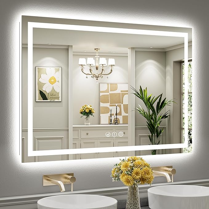 50x36 Inch LED Bathroom Mirror with Lights, Backlit & Front Lit, Anti-Fog Lighted Bathroom Vanity Mirror for Wall, Memory Function, Dimmable, HD Tempered Glass, Shatter-Proof