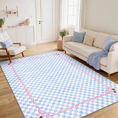 Garvee Washable Baby Blue 8x10 Area Rugs for Living Room, Checkered Cherry | Coquette Non Slip Soft Bedroom Rugs Non Shedding Low Pile Stain Resistant Carpet for Nursery Grils Room Dorm Playroom Office