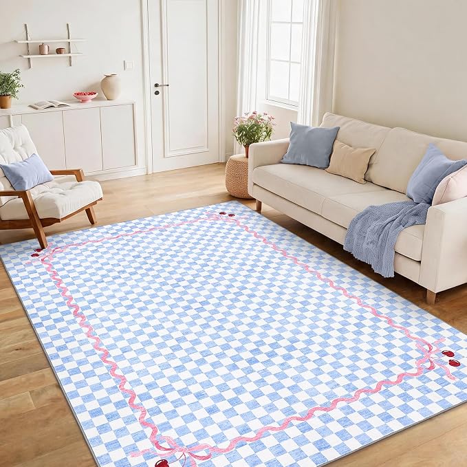 Garvee Washable 5x7 Area Rugs for Living Room, Baby Blue Checkered Cherry | Coquette Aesthetic Decor Non Slip Soft Bedroom Rugs Foldable Low Pile Stain Resistant Carpet for Playroom Nursery Girls Room