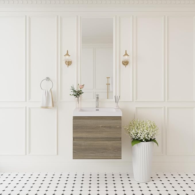 KEIKI 24'' Wall-Mounted Bathroom Vanity with Sink - Floating Design, 2 Soft-Close Drawers & Resin Basin, Space-Saving for Small Bathrooms, Ash Grey