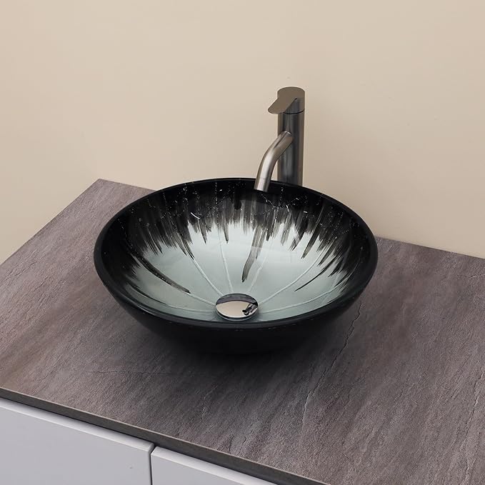 Logmey 16" Glass Bathroom Vessel Sink Vanity Countertop Round Bowl with Chrome Pop up Drain Set,Glass Art Basin,Grey-Black Gradient