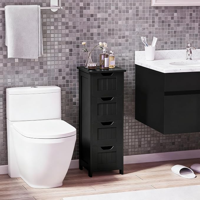 Bathroom Floor Storage Cabinet, Freestanding Wooden Side Organizer w/4 Drawers & Anti-Tip Kit for Bathroom Living Room Hallway Office Study, Black