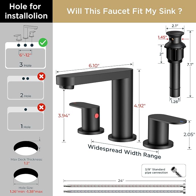 QFN Bathroom Faucet 3 Hole 8 Inch Widespread Vanity Sink Faucet Matte Black | 304 Stainless Steel Bathroom Sink Faucet with Pop-up Drain, 6-12 Inch 3 Hole Install, for RV Laundry Farmhouse Restroom Sink
