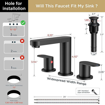 QFN Bathroom Faucet 3 Hole 8 Inch Widespread Vanity Sink Faucet Matte Black | 304 Stainless Steel Bathroom Sink Faucet with Pop-up Drain, 6-12 Inch 3 Hole Install, for RV Laundry Farmhouse Restroom Sink