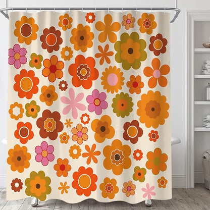 Retro Flowers Shower Curtain, Groovy Brown Orange Sun Flower Vintage 70s Fabric Shower Curtains Set for Bathroom Funky Hippie 1970 Boho Yellow Floral Decoration with Hooks 72 X 72 inch Bath Decor