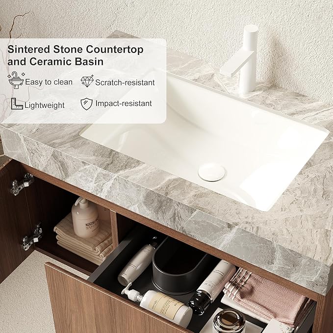 Ambrovina 36" Floating Bathroom Vanity with Sink, Modern Plywood Bathroom Storage Cabinet with Drawer and Door, Light Gray Sintered Stone Countertop and White Ceramic Basin, Pre-Assembled, Dark Oak