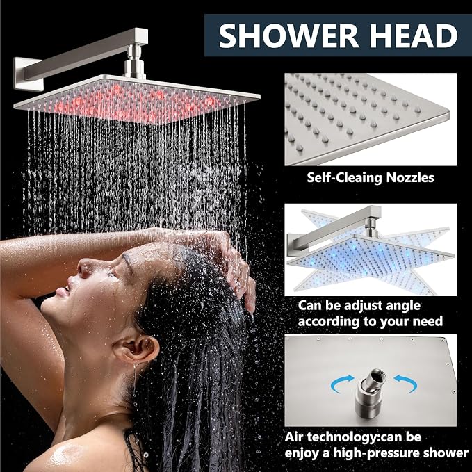 Aolemi Shower Faucet Set with Valve Handheld 10" LED Head Brushed Nickel | Handheld Spray,10 Inch Rain LED Head,Valve and Trim Kit,All Metal,Wall Mount Shower System,Bathroom Mixer