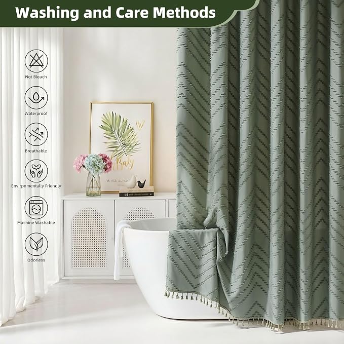 Siiluminisoy Extra Long Sage Green Boho Shower Curtain with Tassel, Woven Fabric 84 in Shower Curtain, Tufted Chevron Striped, 72 x 84, Modern Chic Textured Minimalist Bathroom Shower