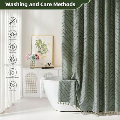 Siiluminisoy Extra Long Sage Green Boho Shower Curtain with Tassel, Woven Fabric 84 in Shower Curtain, Tufted Chevron Striped, 72 x 84, Modern Chic Textured Minimalist Bathroom Shower